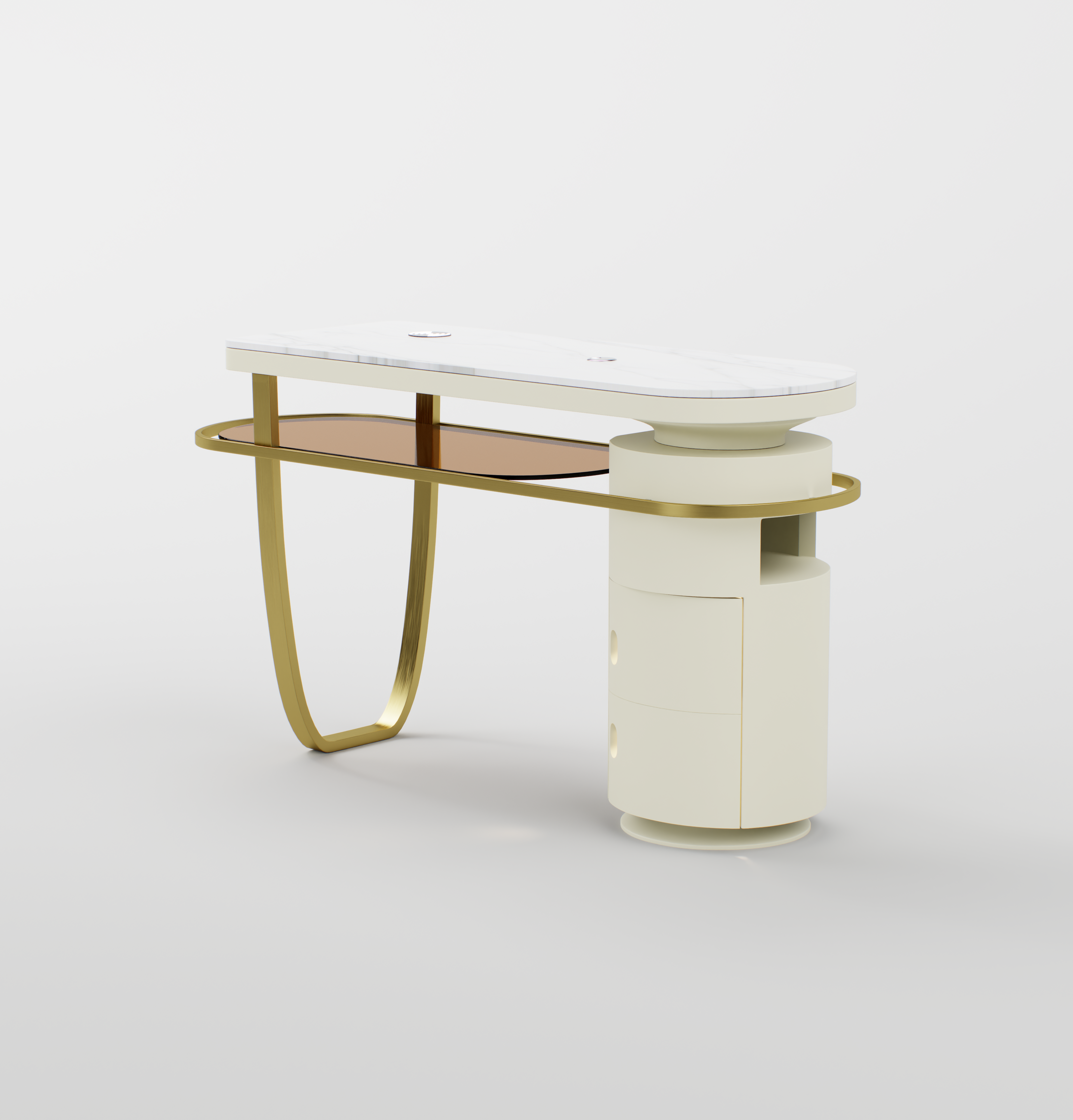 Close-up of the gold stainless steel structure supporting the marble-style sintered stone top.