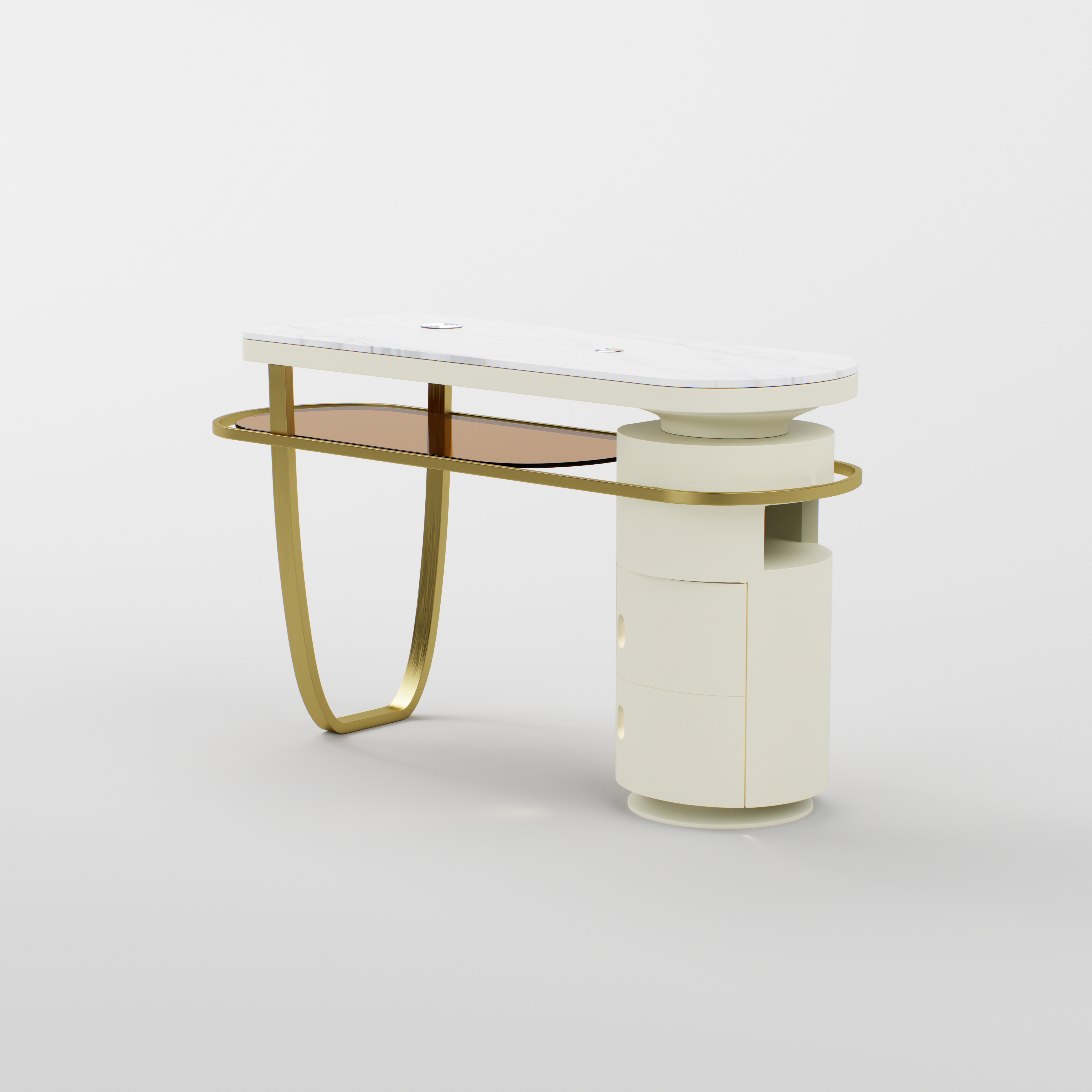 Close-up of the gold stainless steel structure supporting the marble-style sintered stone top.