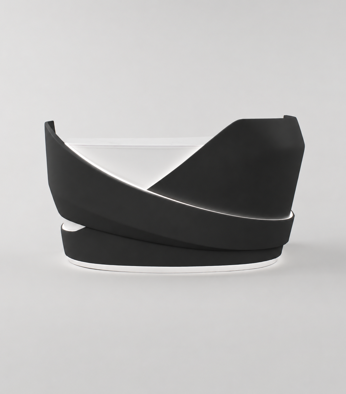 Black and White Modern curved reception desk with integrated LED lighting.