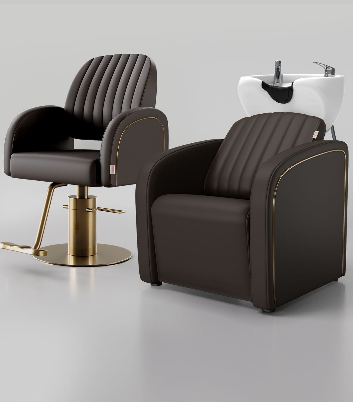 Charlina Salon Bundle Set in Dark Brown matching backwash unit and styling chair with gold detailing, ideal for professional UK salons