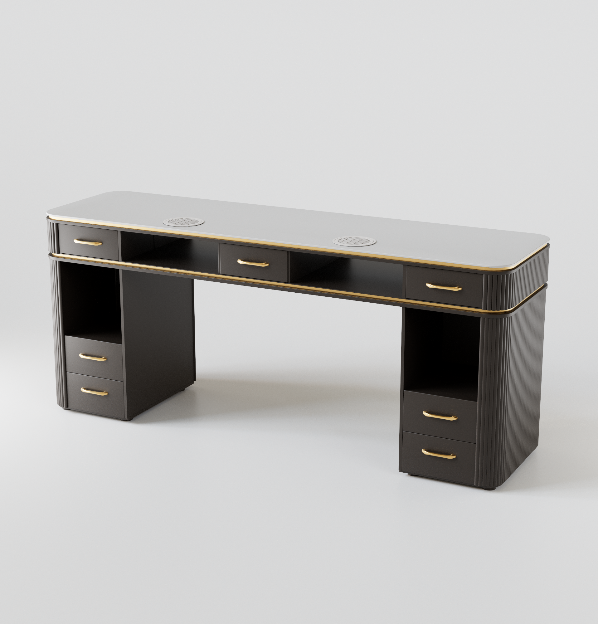 A luxury double nail desk with brass handles and fluted panels