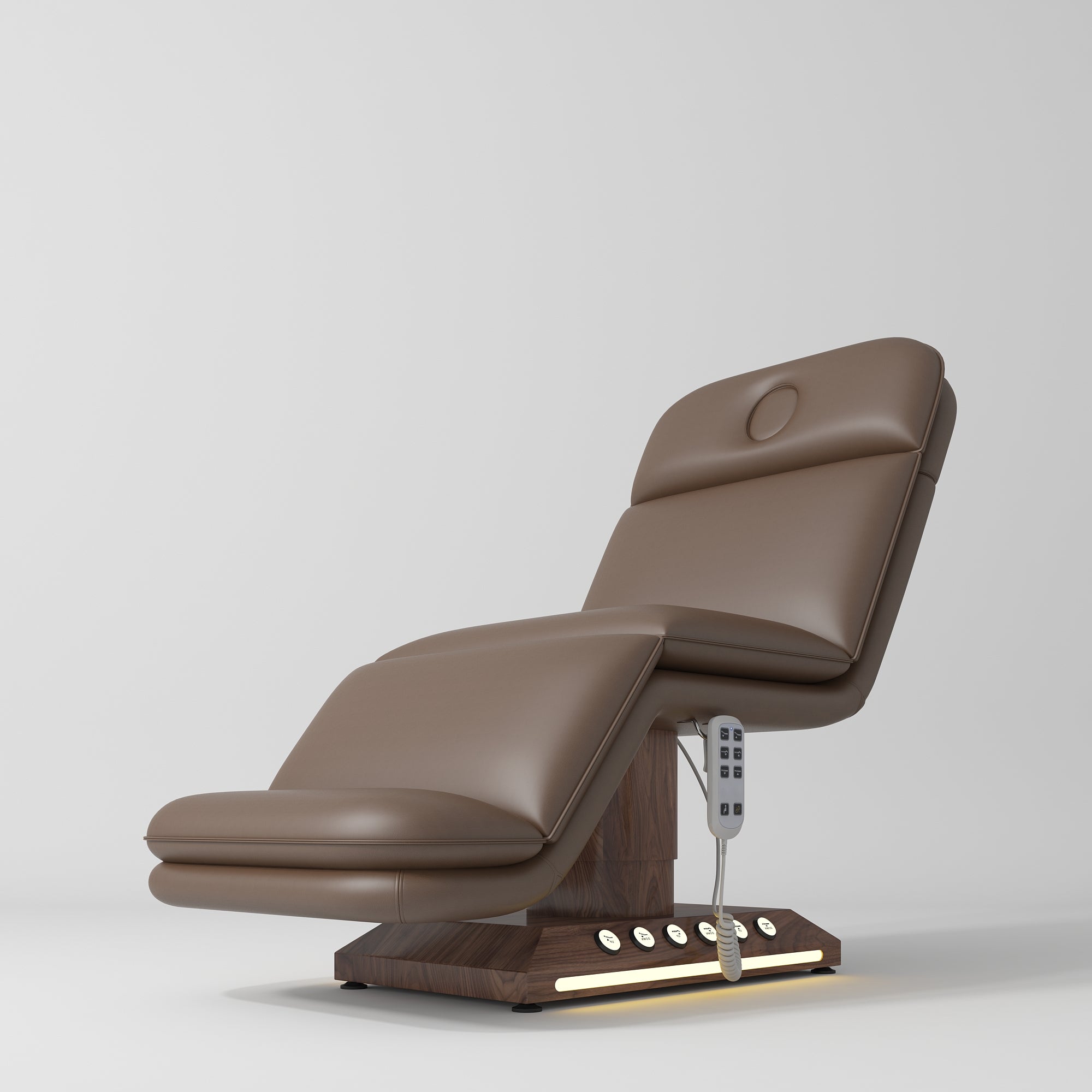 Brown beauty bed with brown wood base and foot control