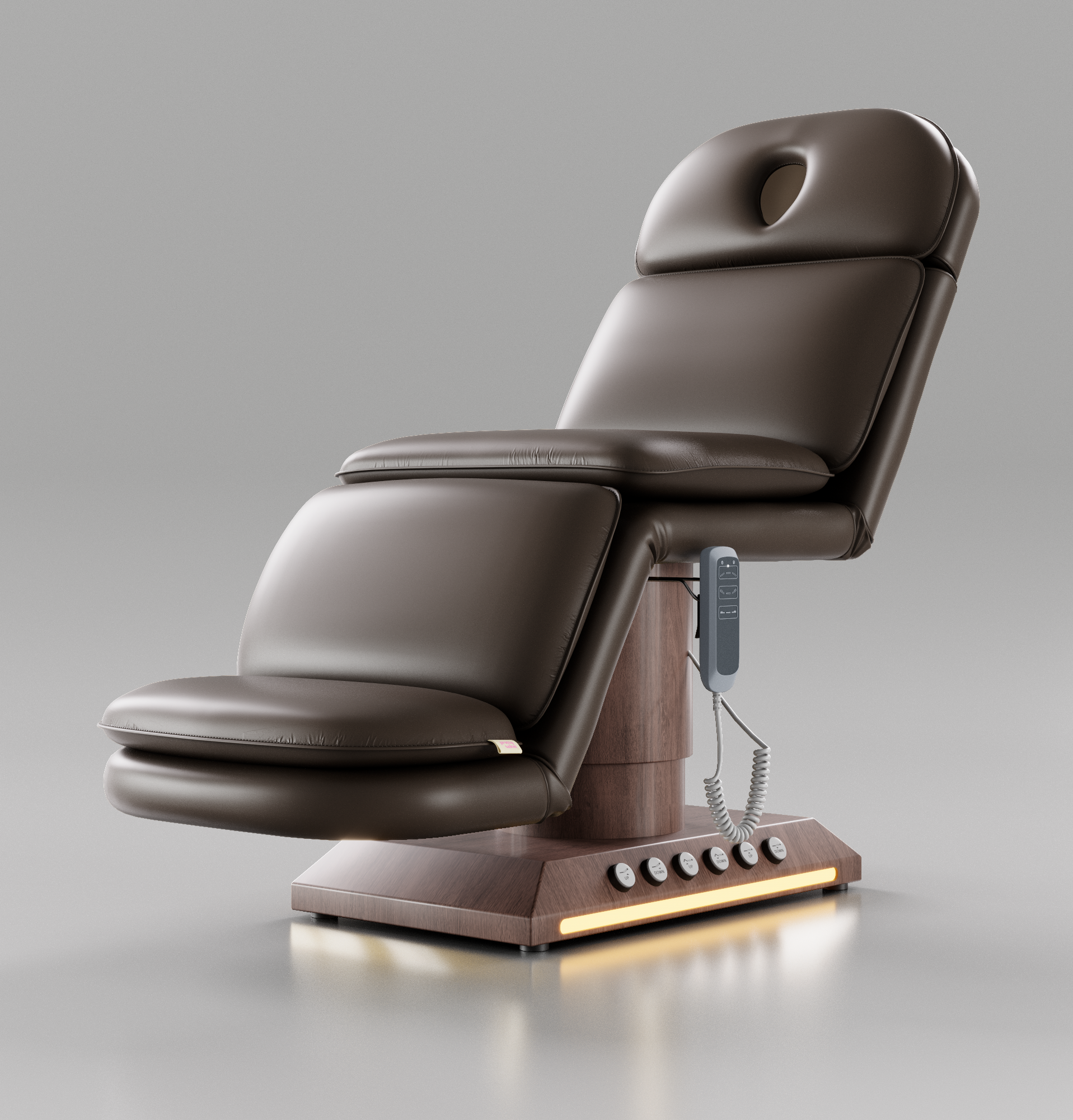 Brown beauty bed with brown wood base and foot control