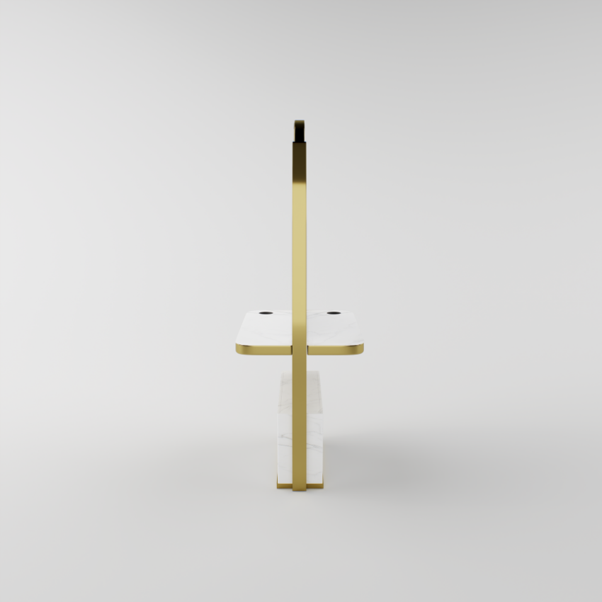 Luna salon mirror unit displaying the double-sided design, LED lighting, and lower sintered stone shelf.