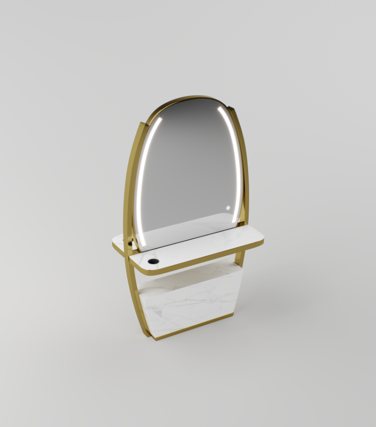Luna mirror station showcasing hairdryer holes on the sintered stone top and integrated plug socket.