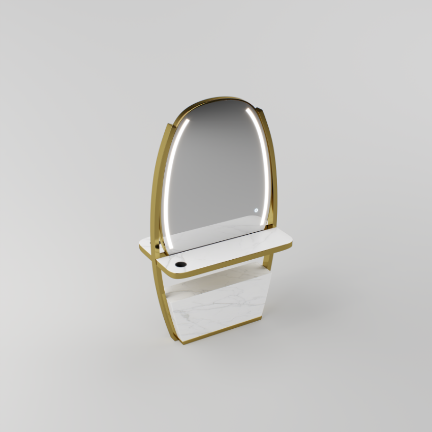 Luna mirror station showcasing hairdryer holes on the sintered stone top and integrated plug socket.