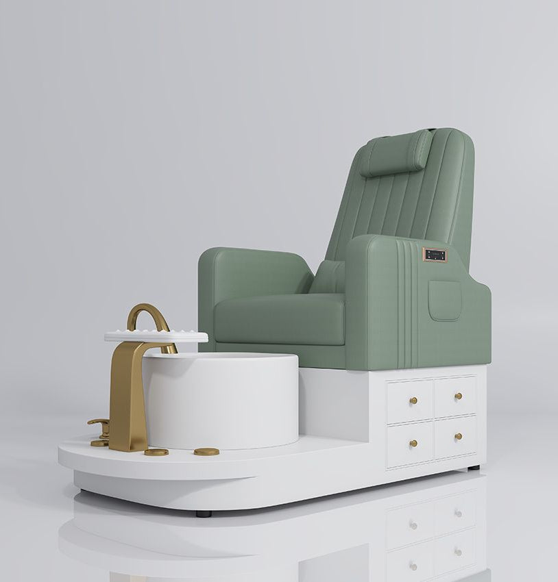 green pedicure station with gold and draws