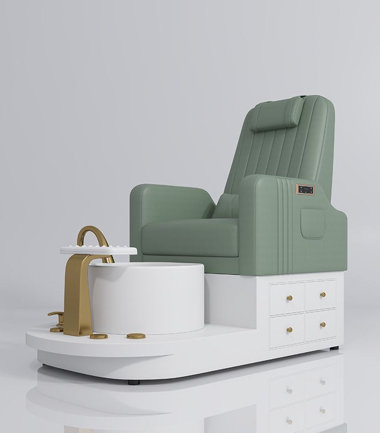 green pedicure station with gold and draws