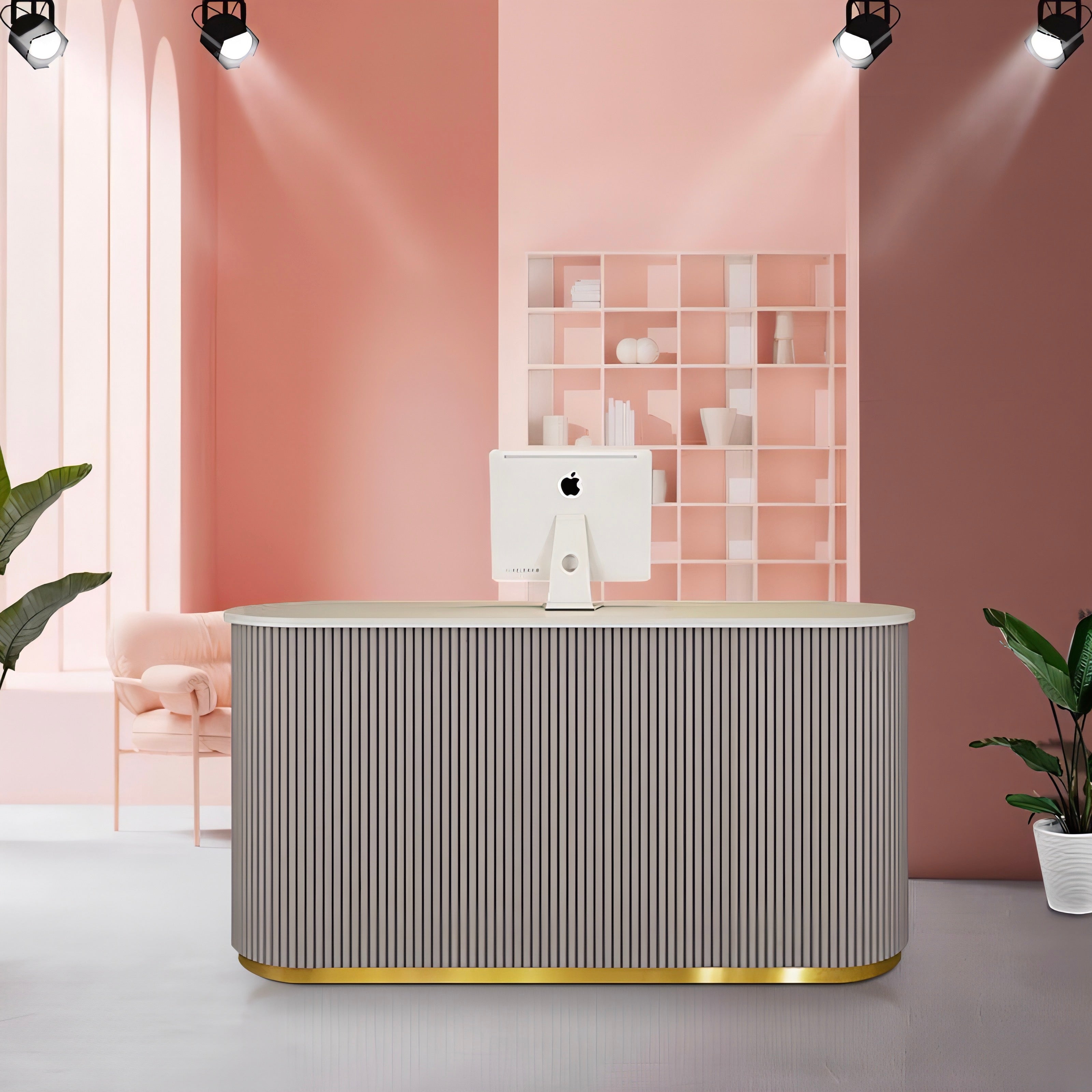 grey salon reception desk with gold and LED Light