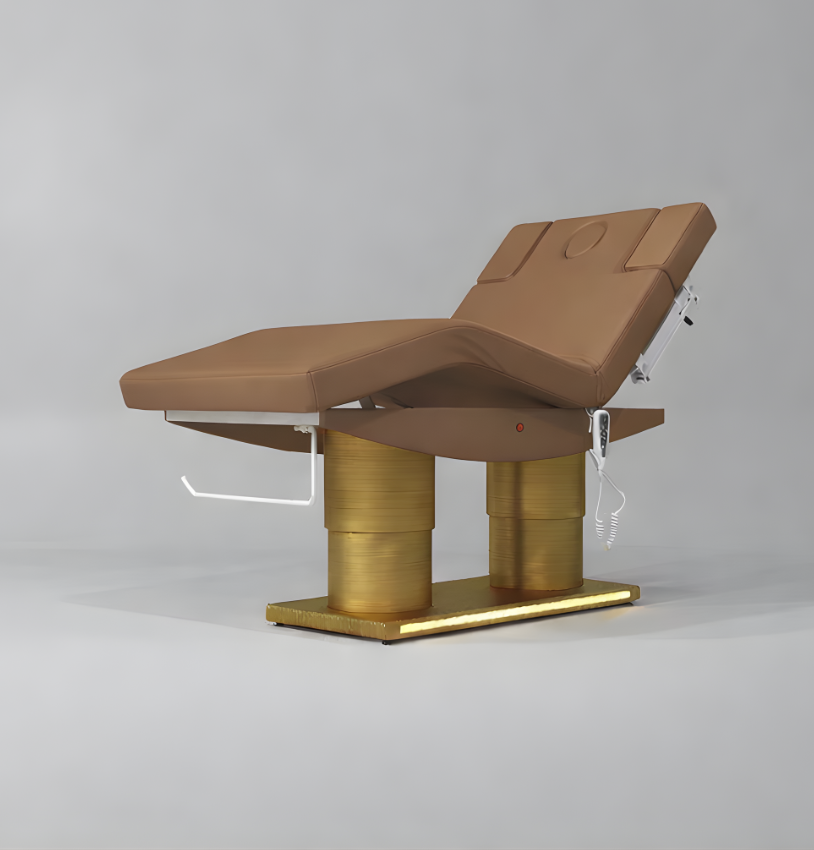 Massage Bed in Brown with Gold Adjustable Base and Knee Lift