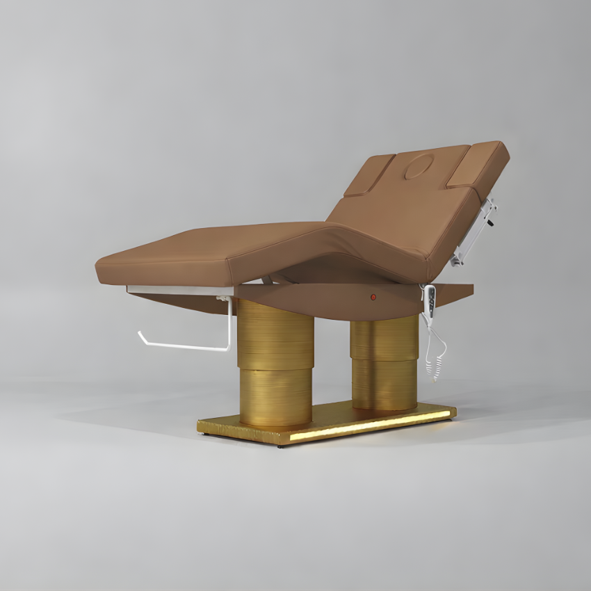 Massage Bed in Brown with Gold Adjustable Base and Knee Lift