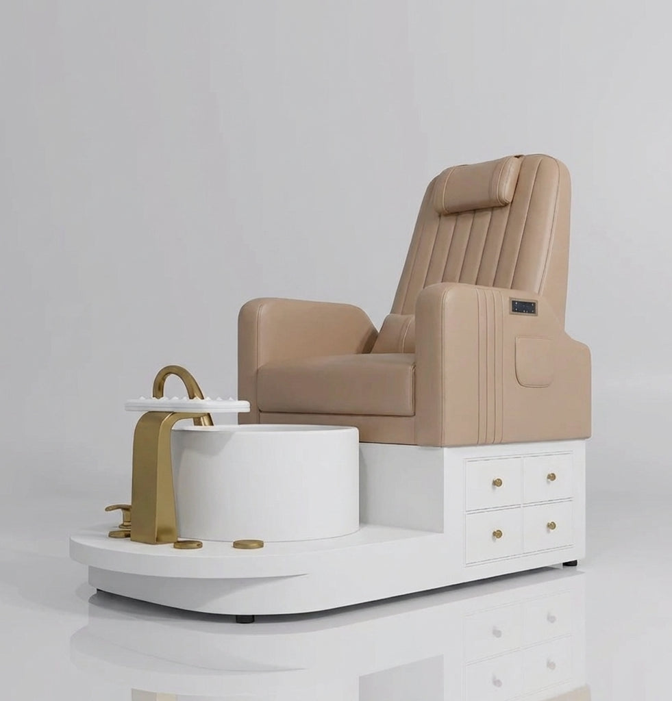 Pedicure station with gold taps, pillow, reclining backrest and massage in light brown
