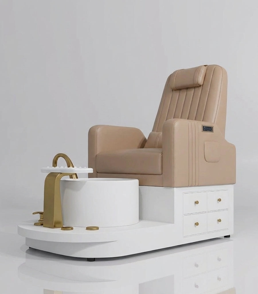 Pedicure station with gold taps, pillow, reclining backrest and massage in light brown
