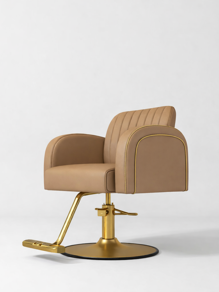 Light Brown Leather Hair Chair with Gold Base and Gold Piping