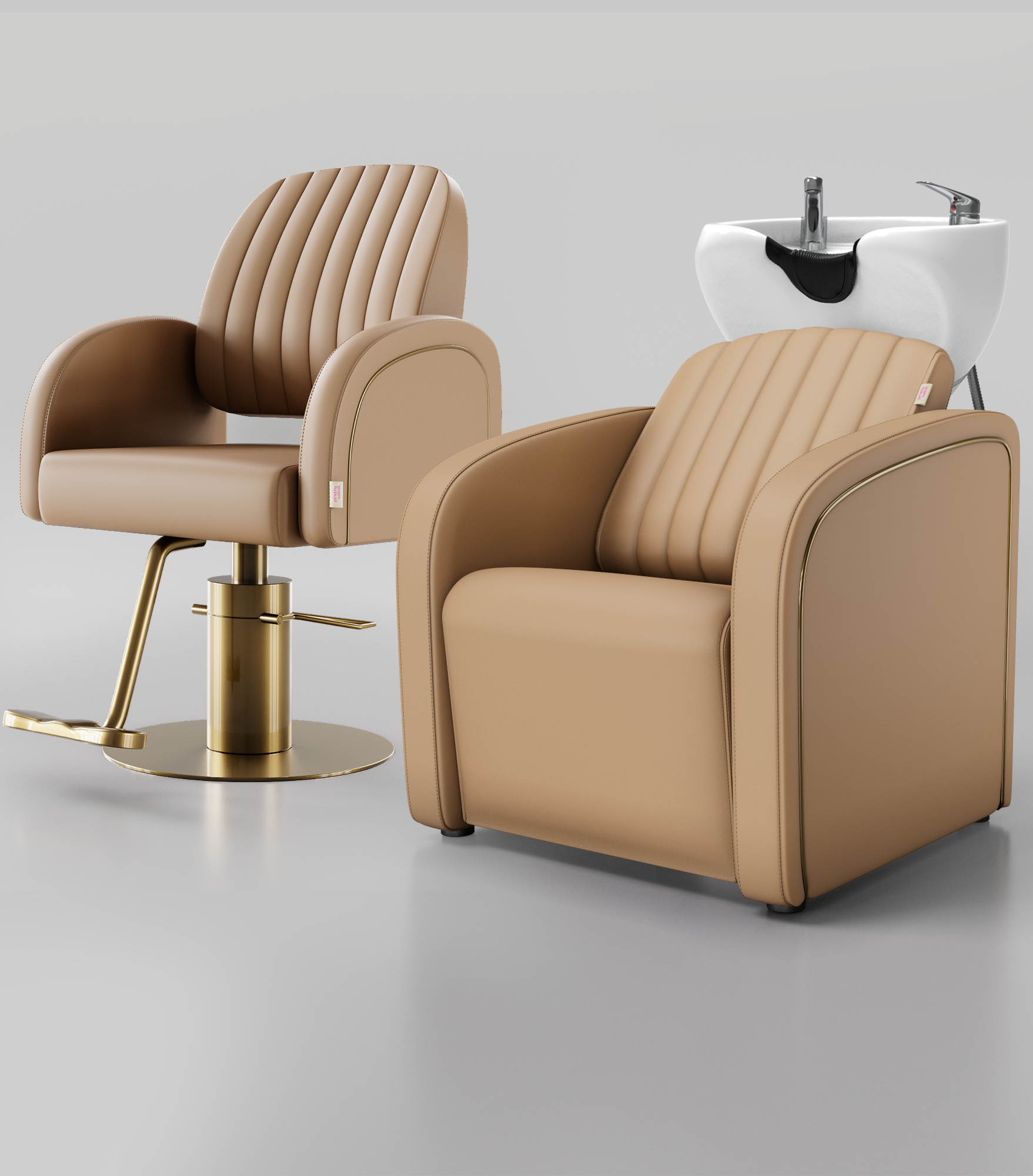 A tan salon chair with vertical channel stitching and a gold-tone adjustable pedestal base, shown alongside a matching shampoo bowl in white ceramic