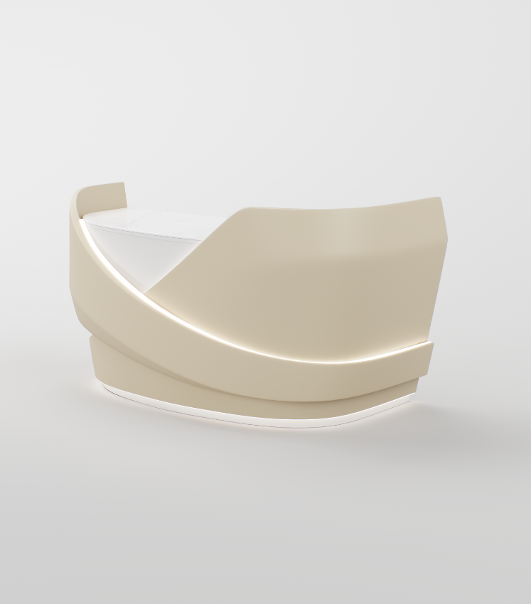Angled front view showcasing the sculptural curves and illuminated LED detailing of the Luciana reception desk.