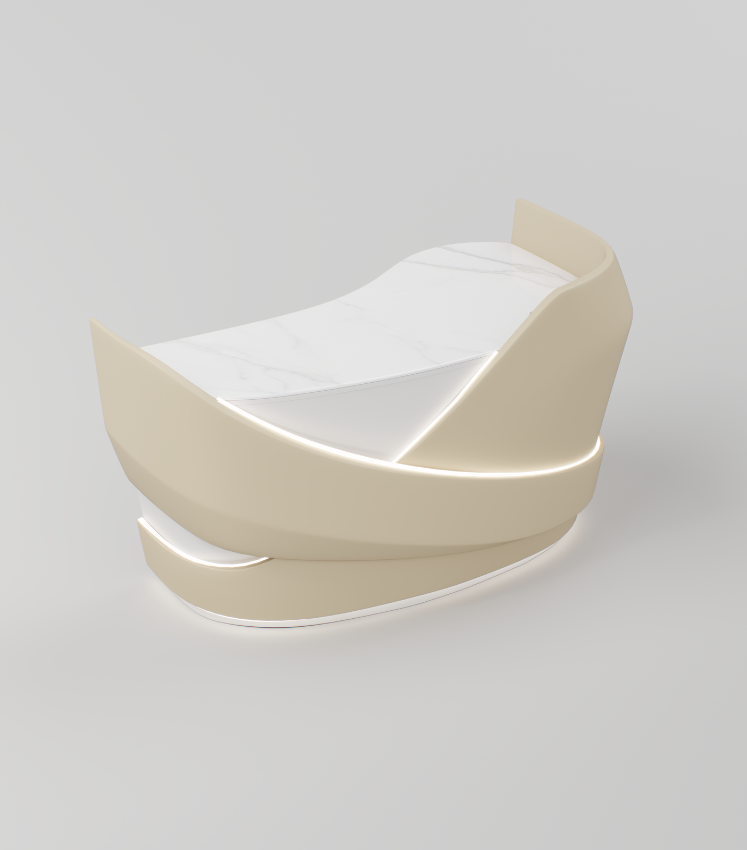 Front view of the Luciana 190cm reception desk with curved design, integrated LED lighting and marble-effect worktop.