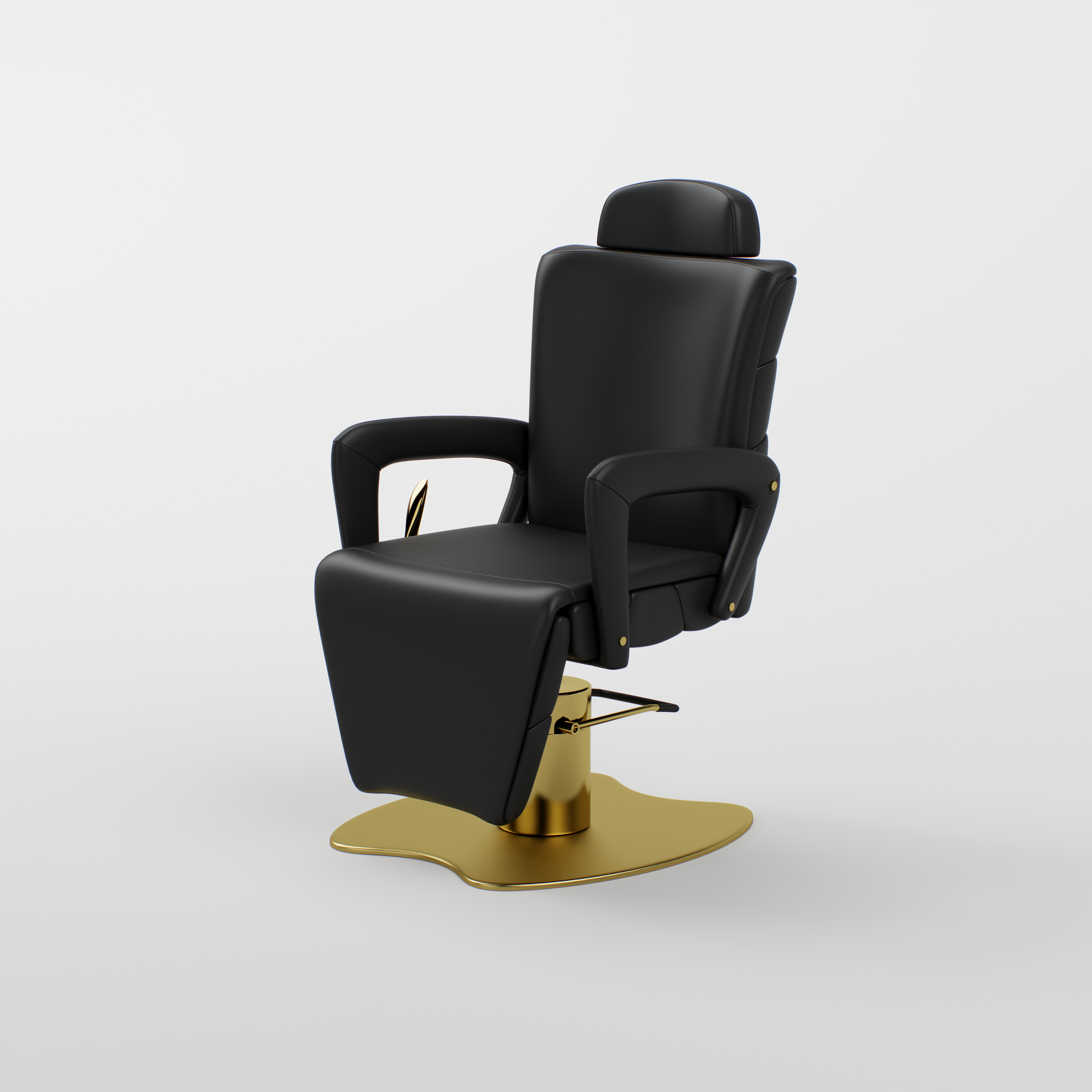 Black reclining beauty chair with gold base and adjustable in height