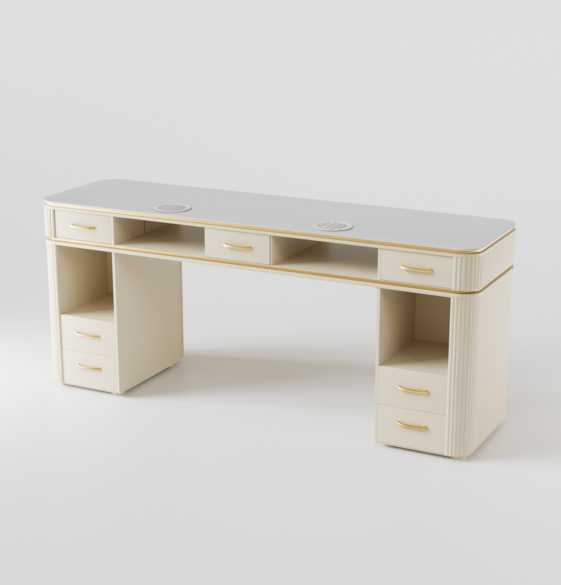 a cream nail desk for nail salons for two people