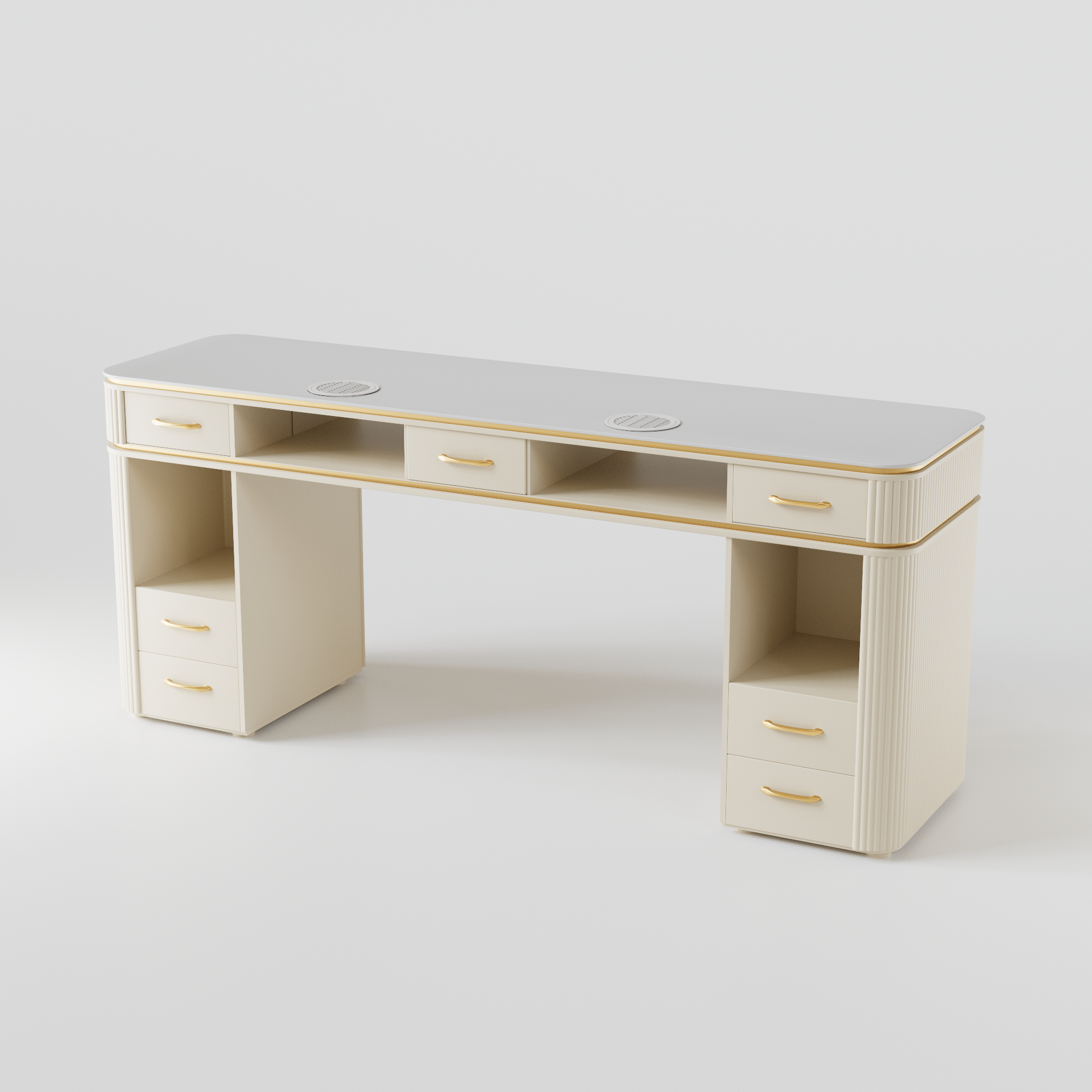a cream nail desk for nail salons for two people