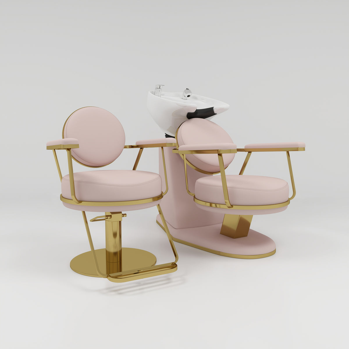 Pink and Gold Hairdressing Styling Chair and Backwash Unit in Salon Set