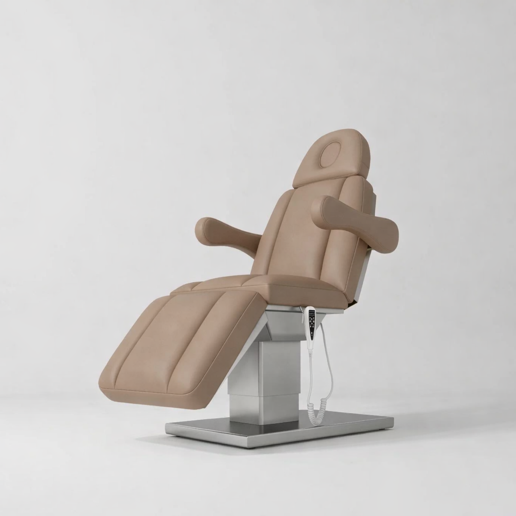 Electric Hand Remote Bed in Vegan Brown Leather and Silver Stainless Steel Base