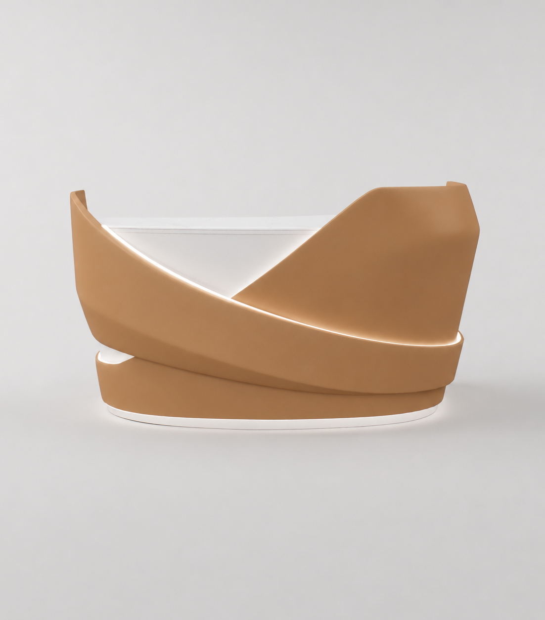 Reception desk with built-in storage, drawers and shelving.