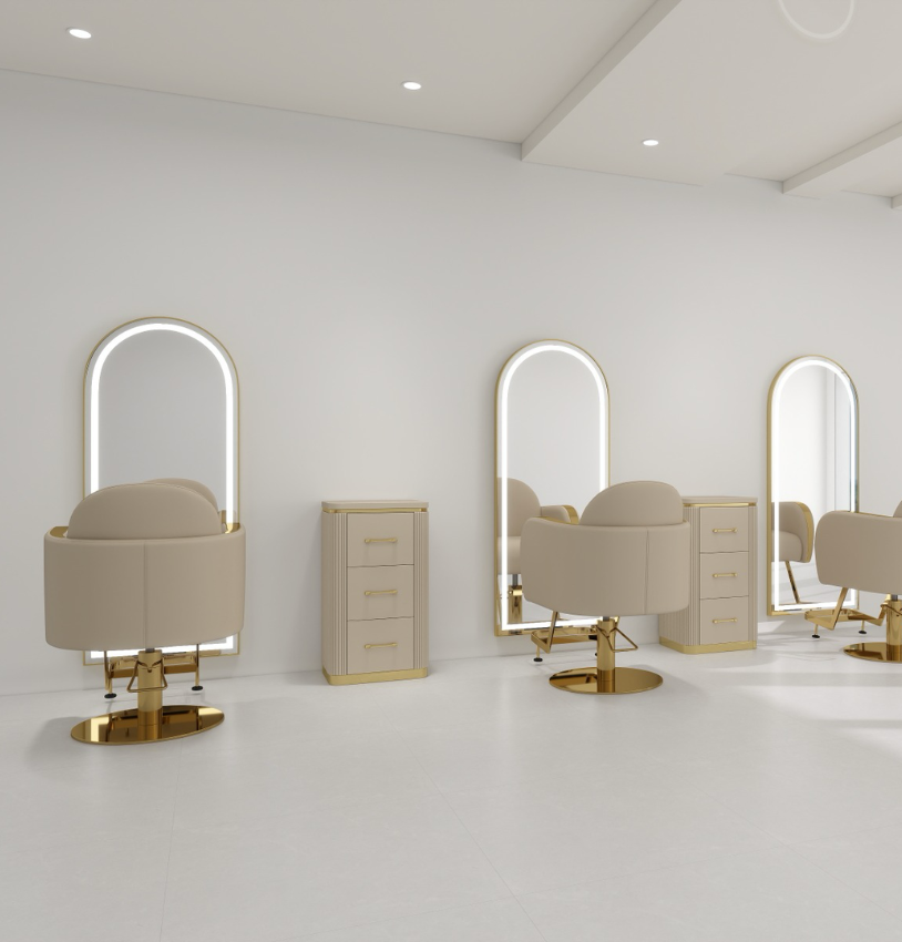 curved hair salon chairs with gold arms