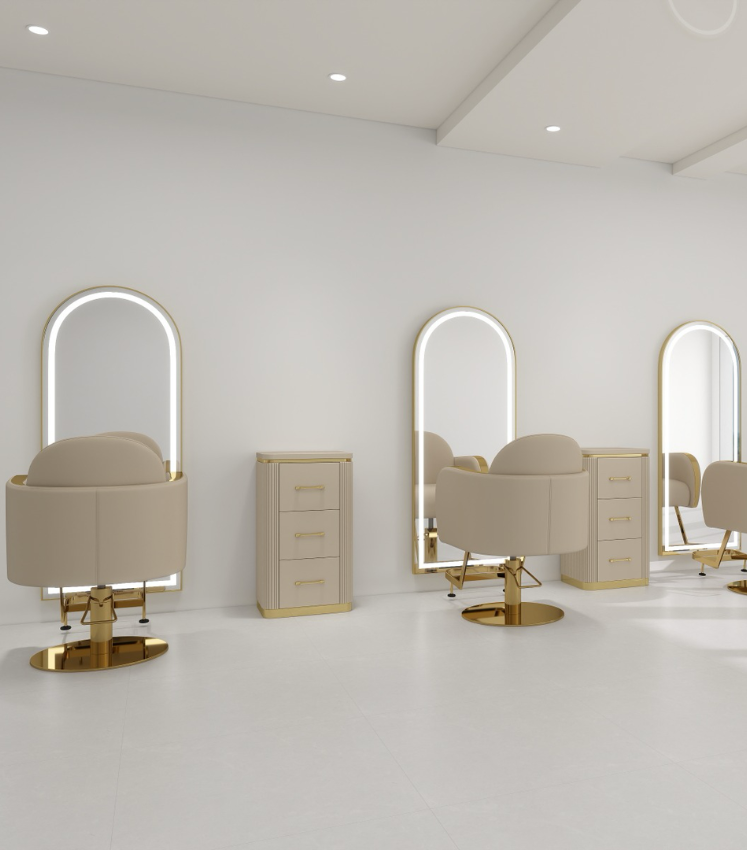 curved hair salon chairs with gold arms
