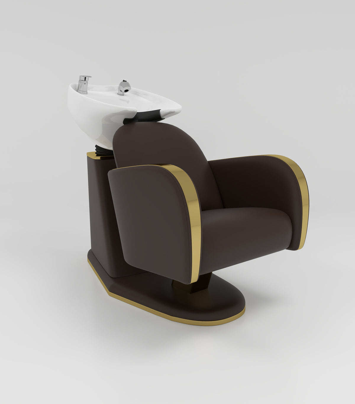 Modern Dark Brown Shampoo Chair with Gold Trim, White Sink and Silver Taps