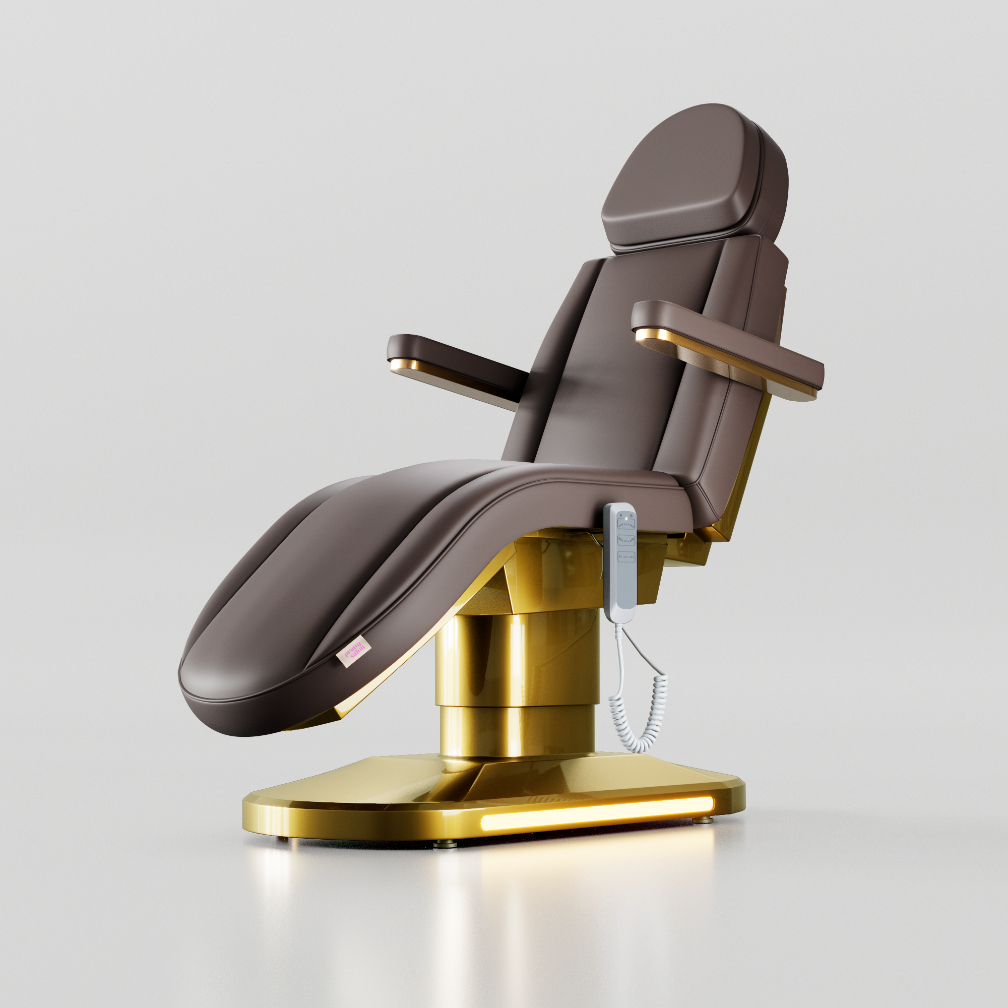 Mocha brown electric beauty bed with curved design and gold base for aesthetic clinics and beauty salons