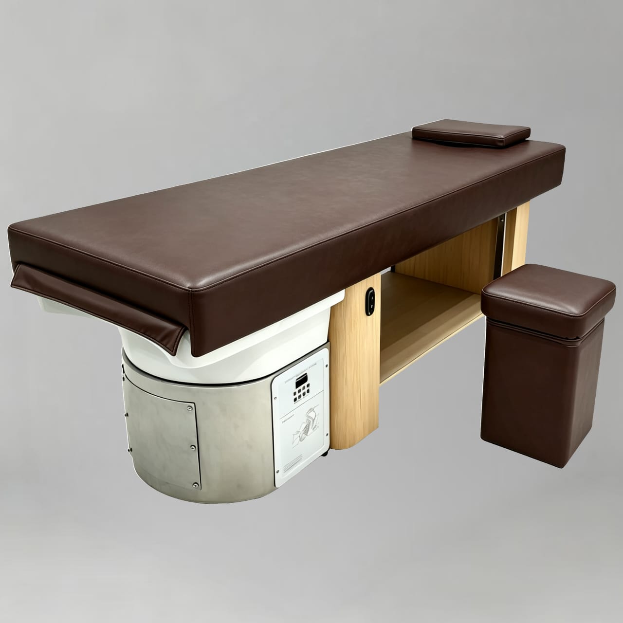 Massage table with brown leather surface and wooden sides