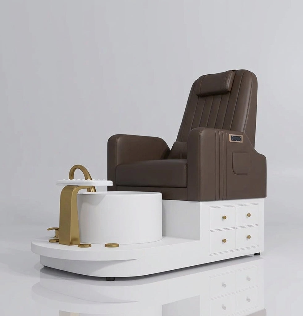 Pedicure chair with massage and draws with reclining backrest in brown