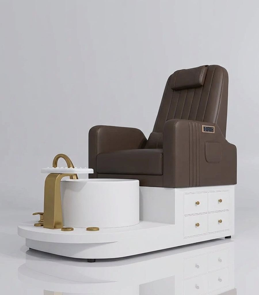 Pedicure chair with massage and draws with reclining backrest in brown