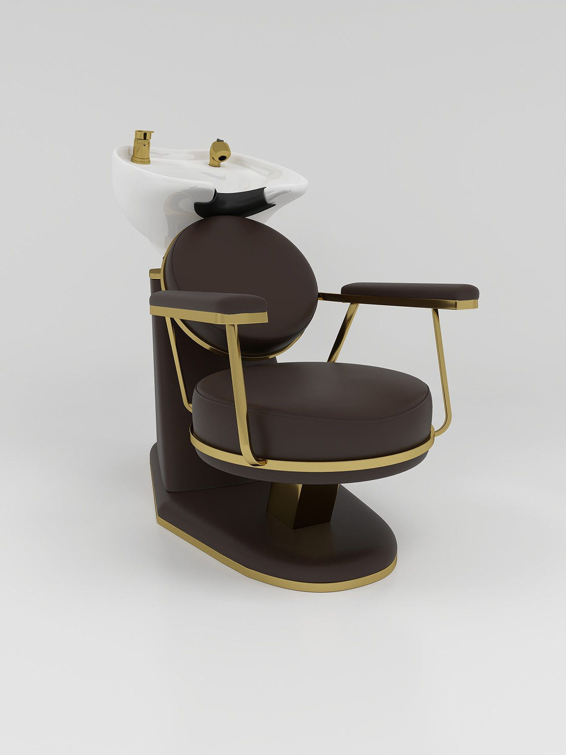 White sink, gold taps and brown hair washing chair