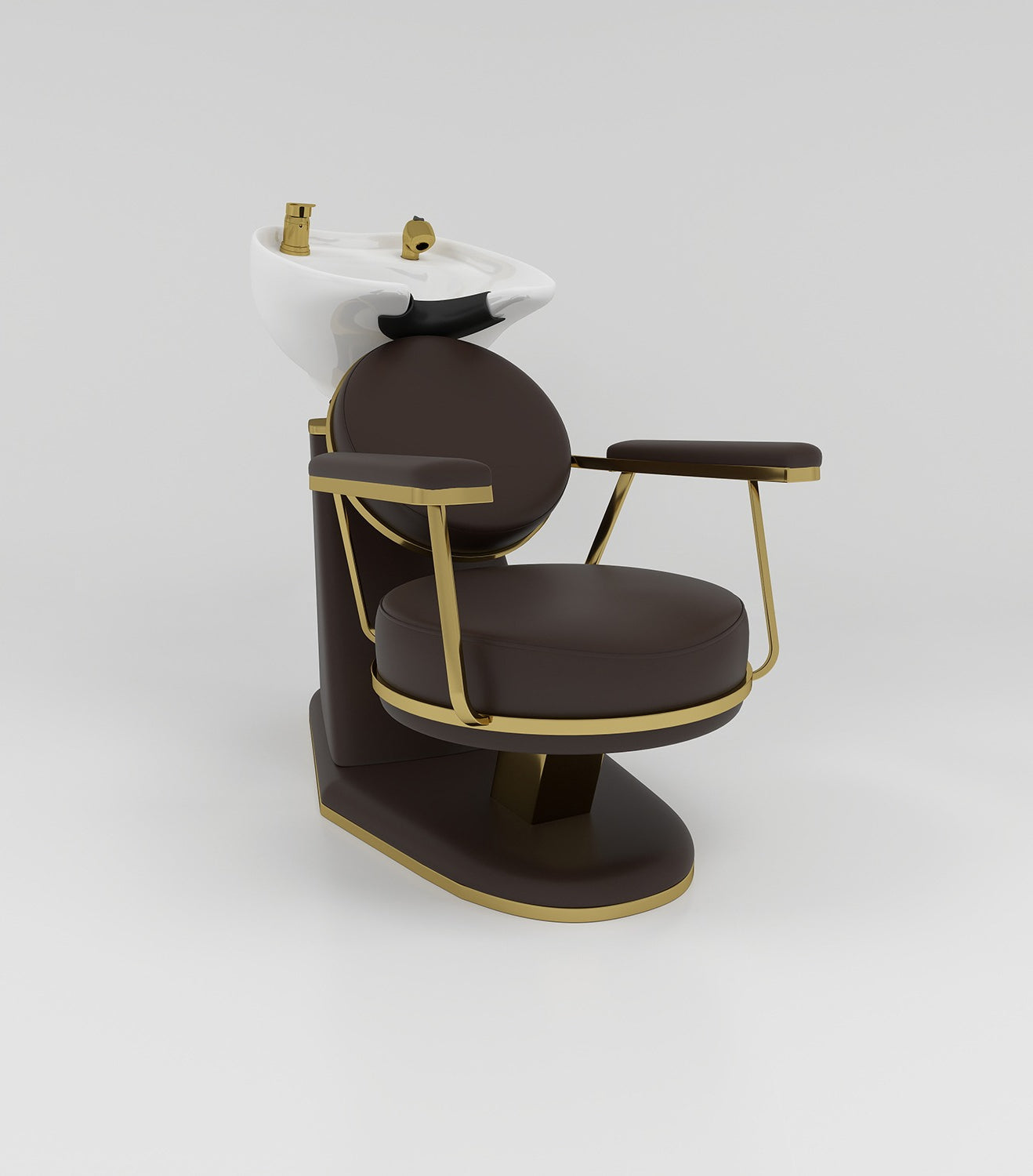 White sink, gold taps and brown hair washing chair