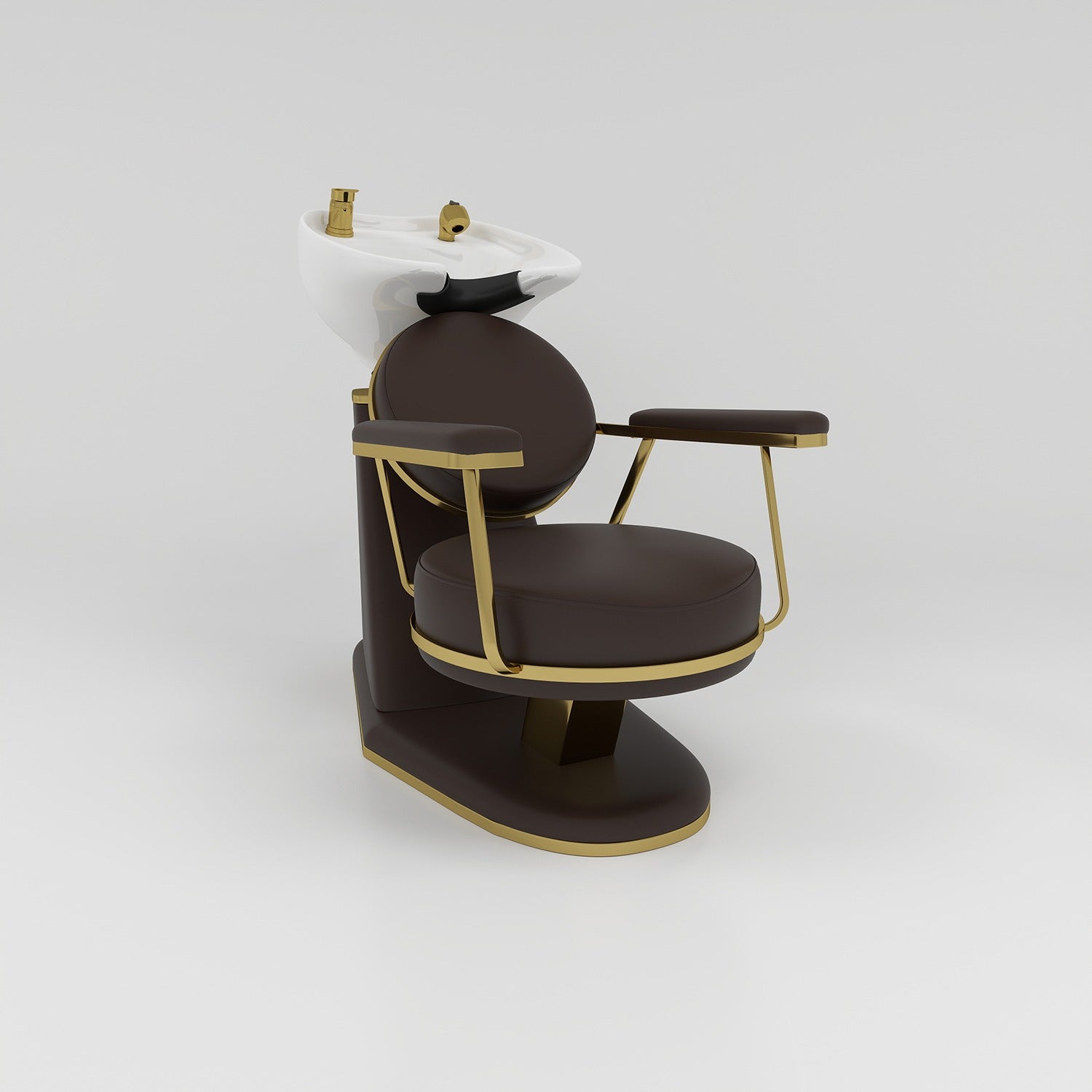 White sink, gold taps and brown hair washing chair