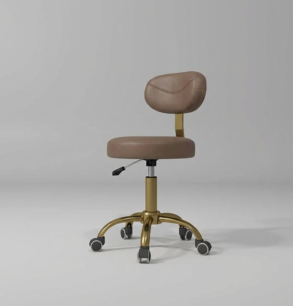 height adjustable salon stool in dark brown and gold