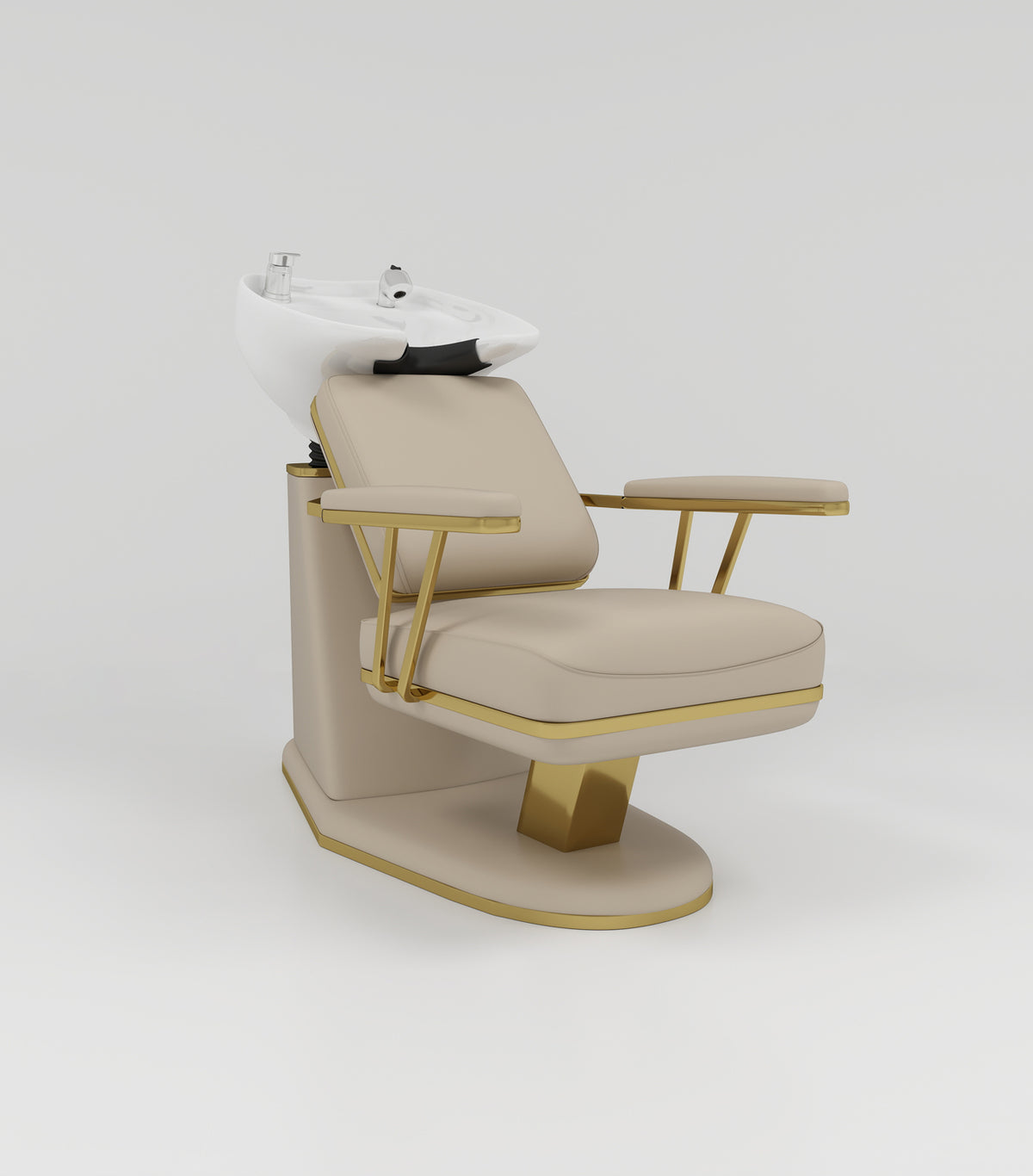 Modern Shampoo Chair in Nude and Gold Trim and White Bowl