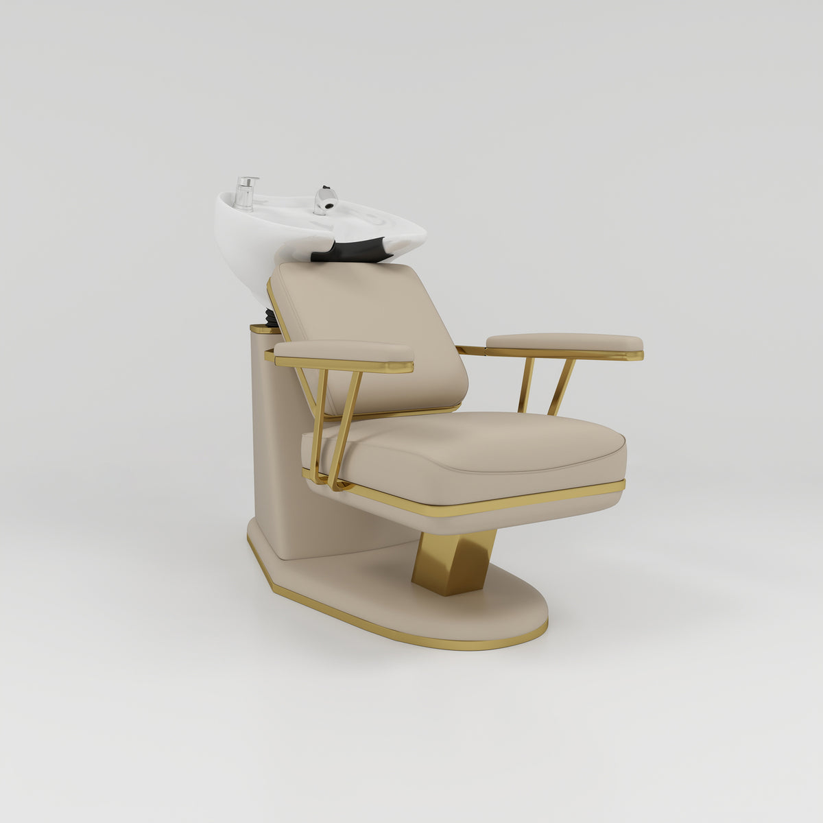 Modern Shampoo Chair in Nude and Gold Trim and White Bowl