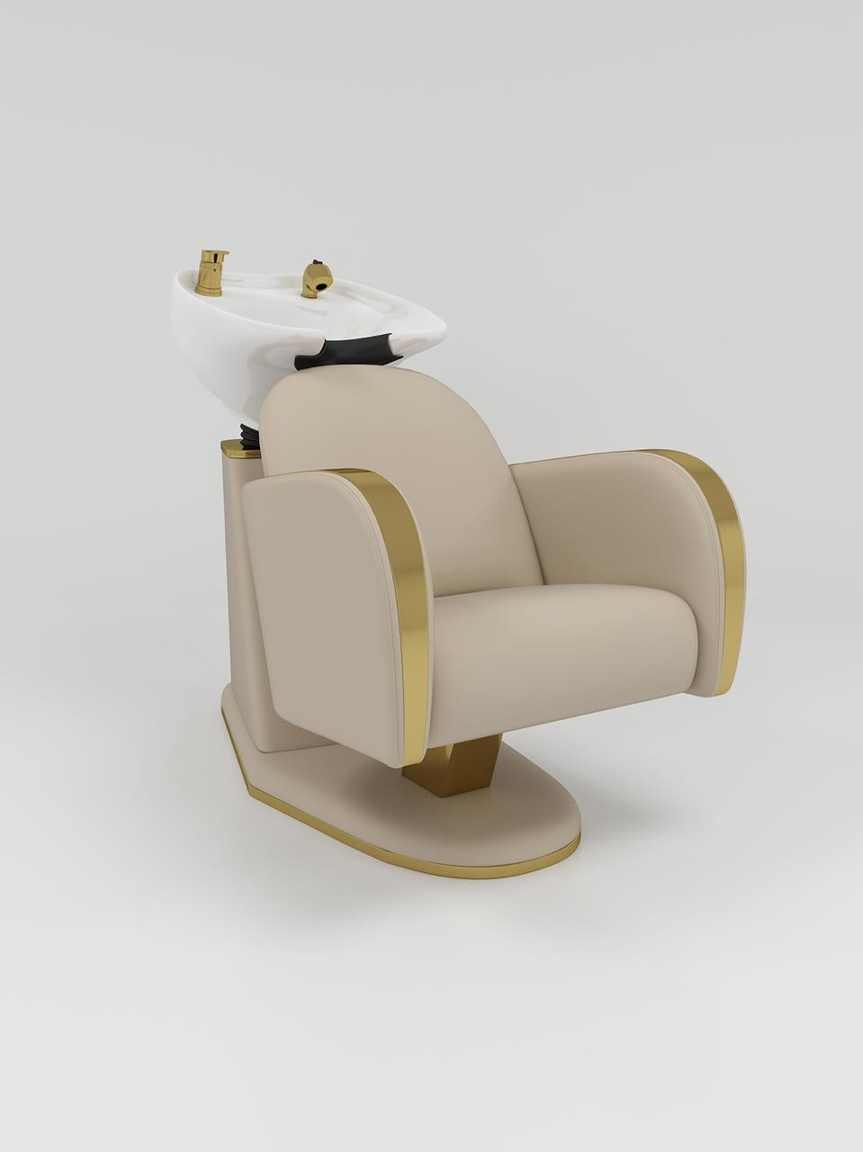 Nude hair wash unit with white sink and gold accessories