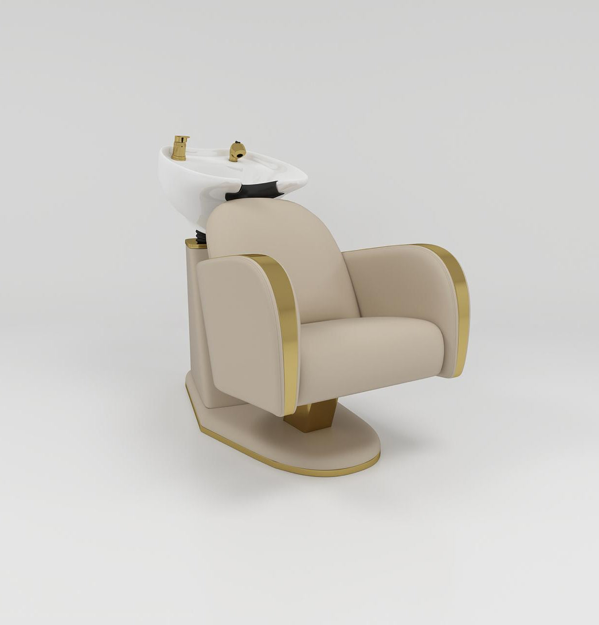 Nude hair wash unit with white sink and gold accessories