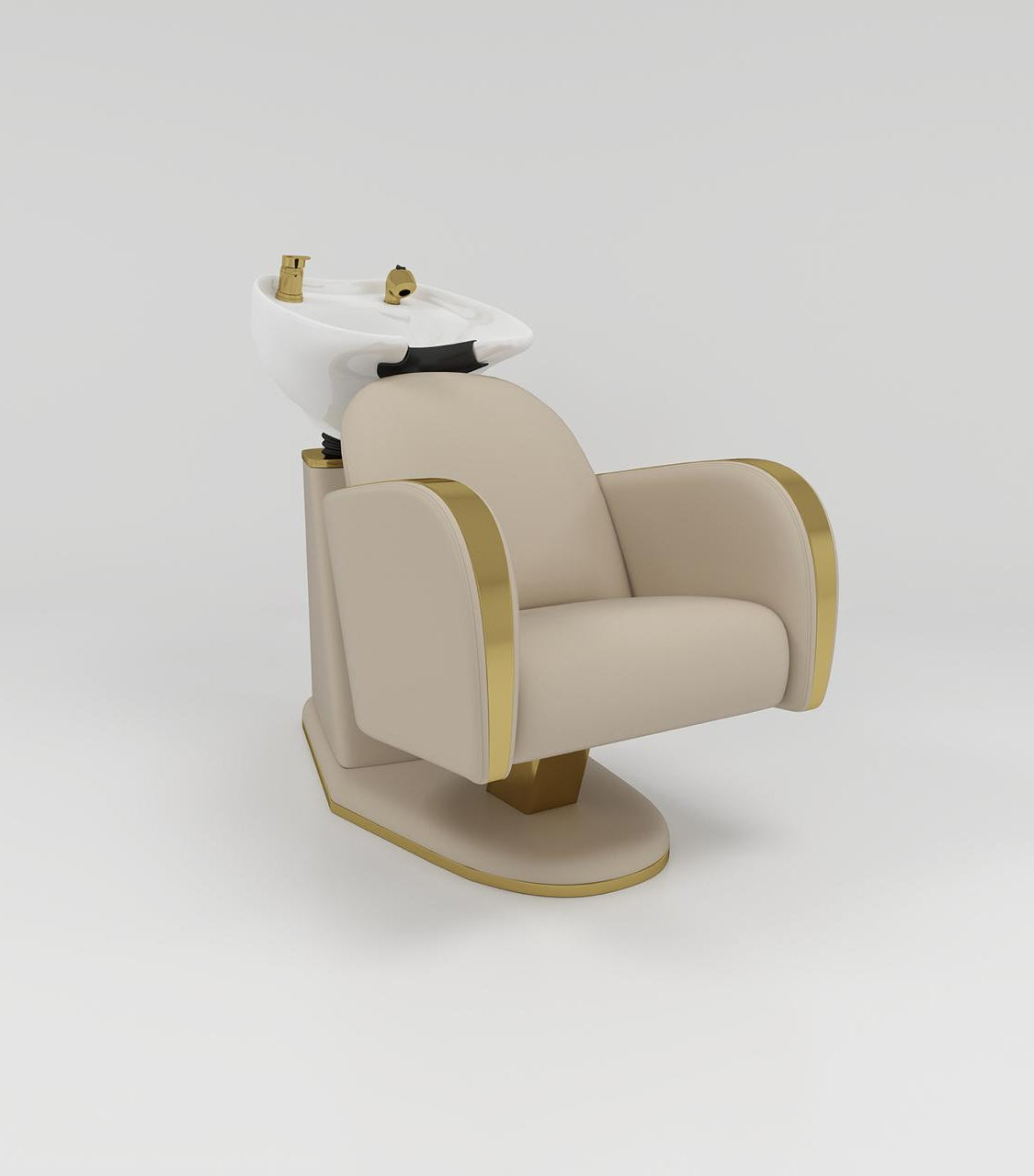 Nude hair wash unit with white sink and gold accessories