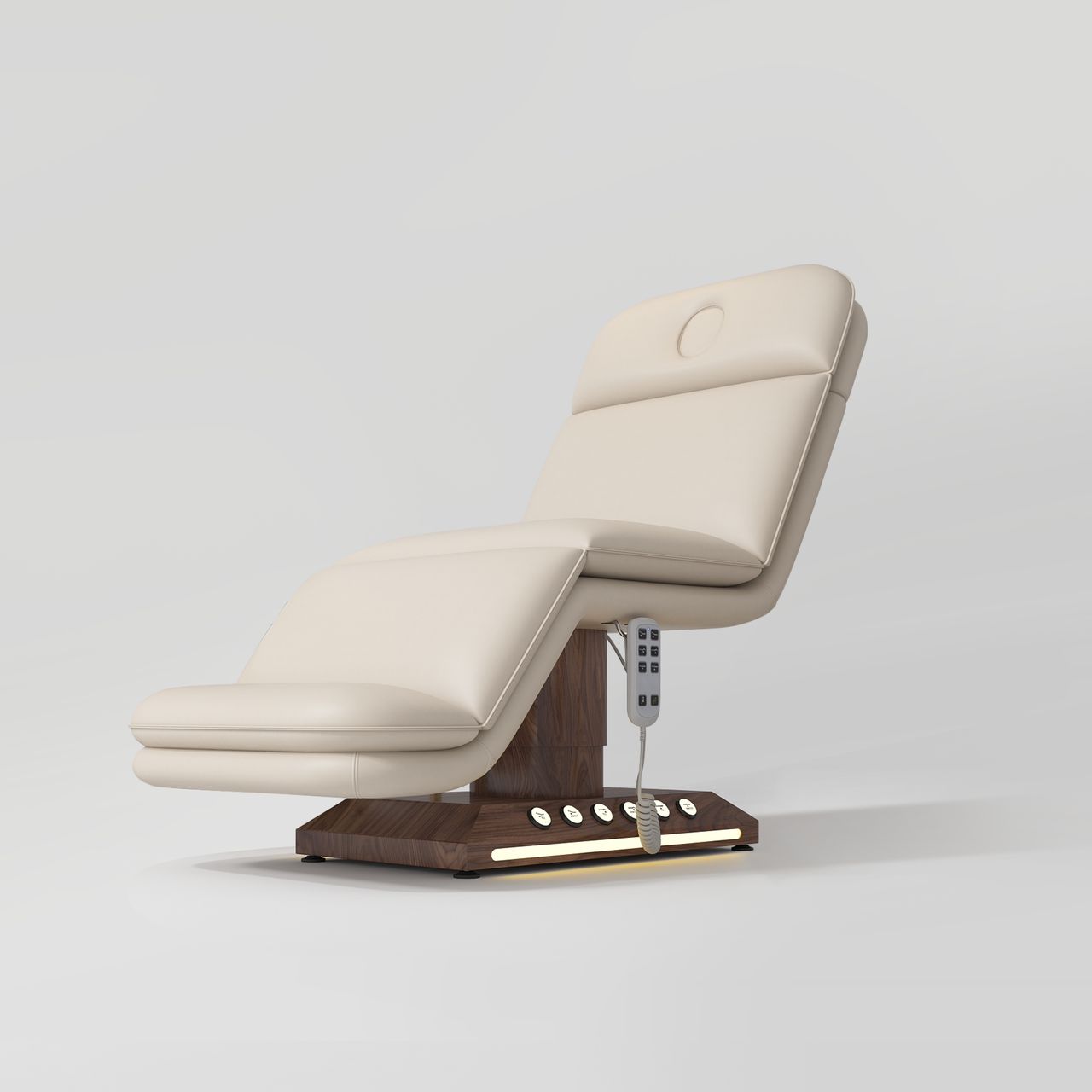 Nude Leather Bed with Dark Wood Foot control base and LED light