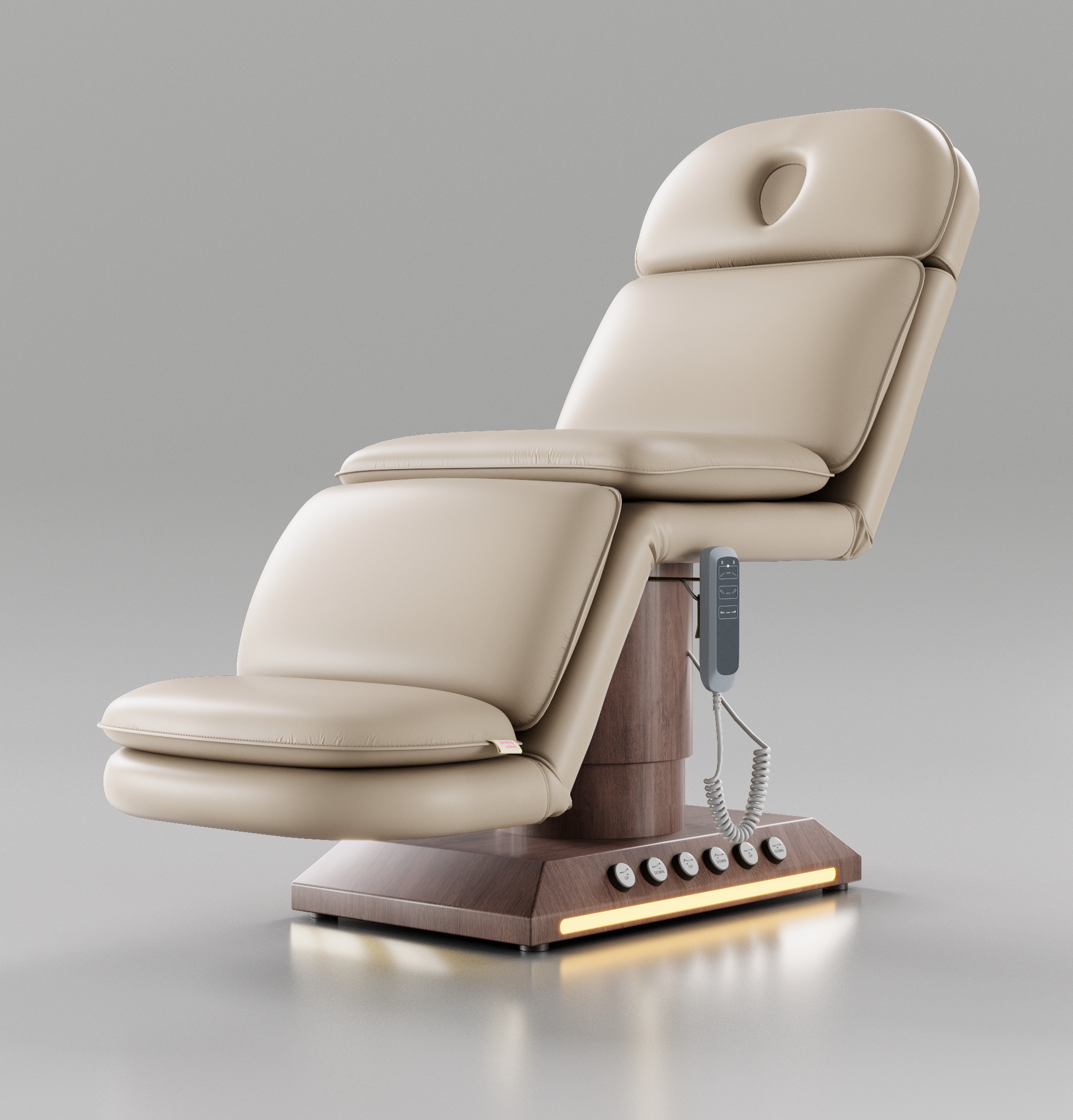 Nude Leather Bed with Dark Wood Foot control base and LED light