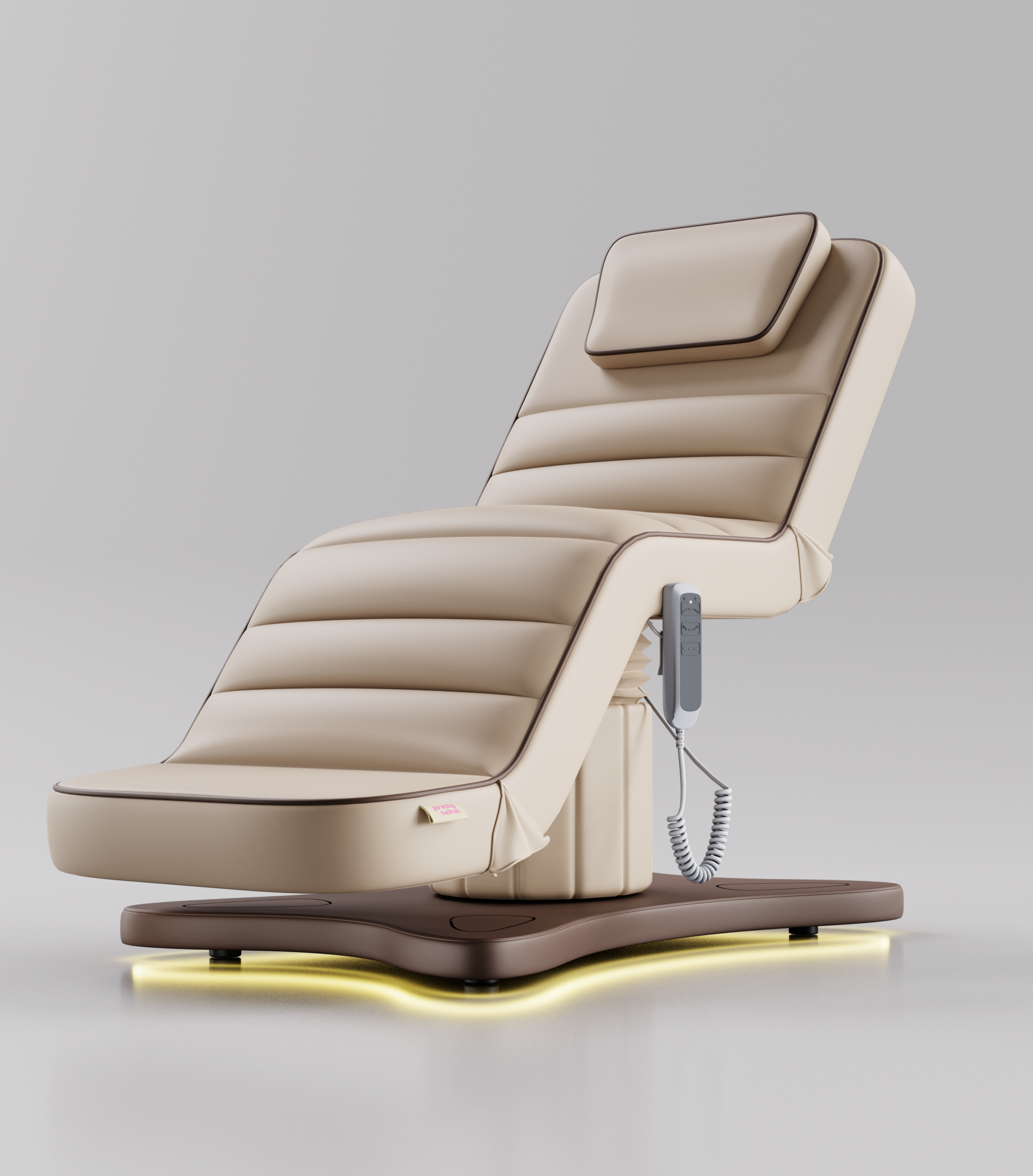 Nude electric beauty bed with brown base and piping detail for aesthetic clinics
