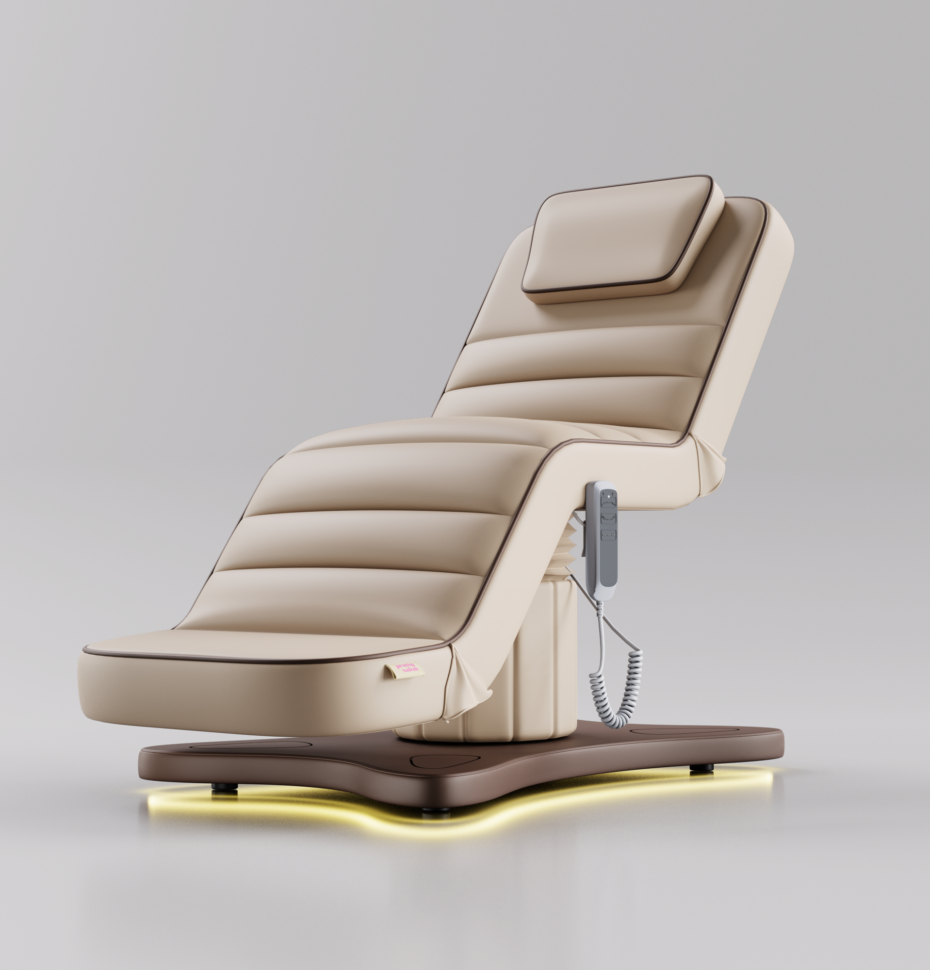 Nude electric beauty bed with brown base and piping detail for aesthetic clinics