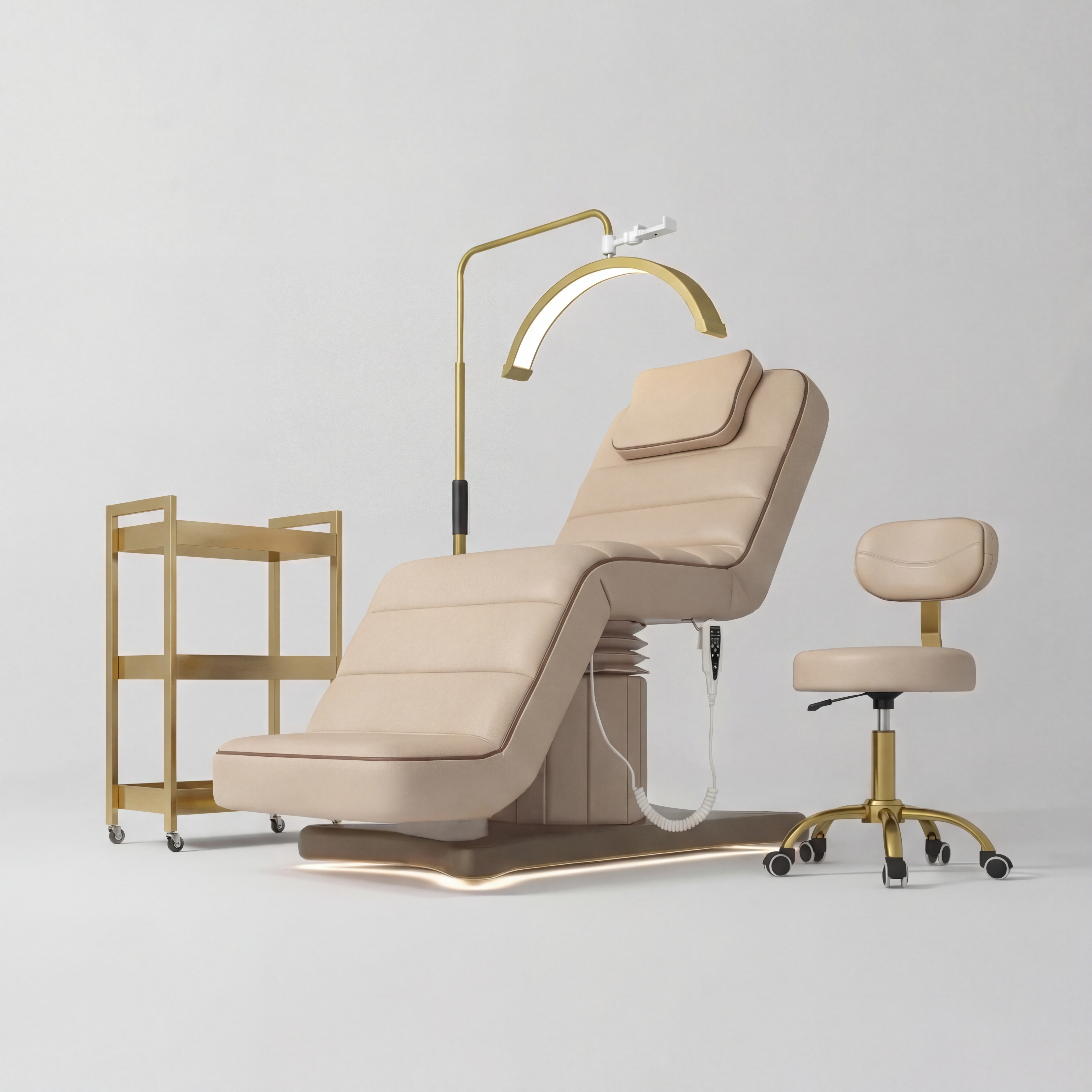 Furniture set of nude bed, trolley, moonlight and stool with Gold