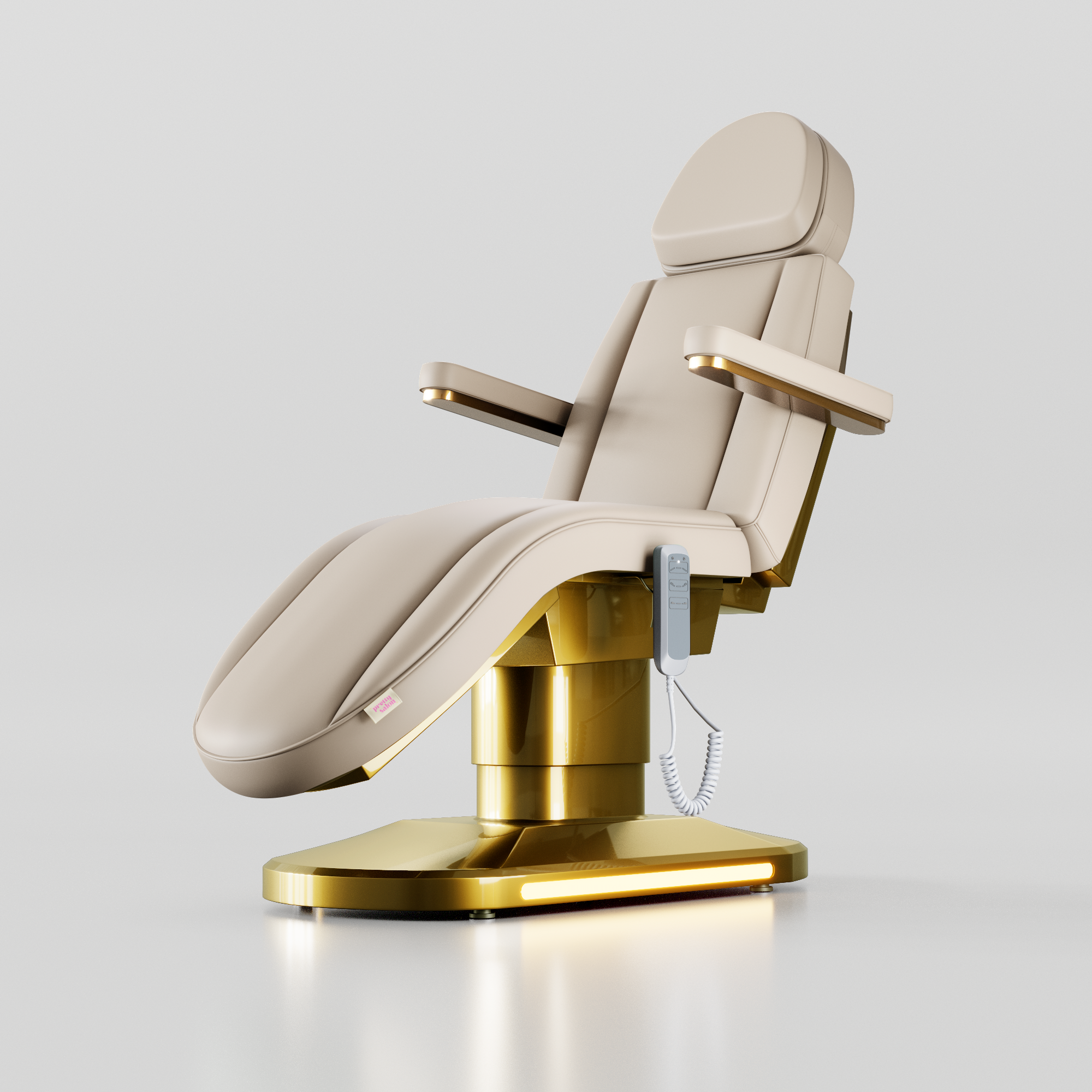 Nude electric beauty bed with gold base for facials, aesthetics and lash treatments