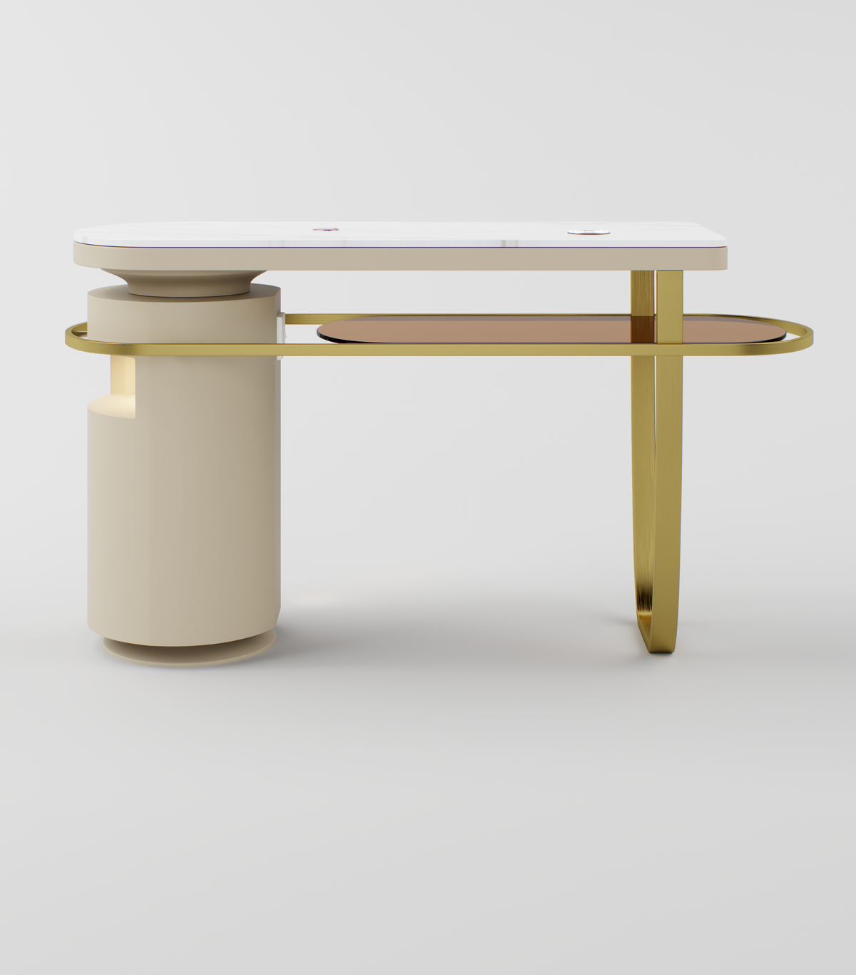 Nail Table showcasing the amber glass-style lower shelf supported by a curved gold frame.